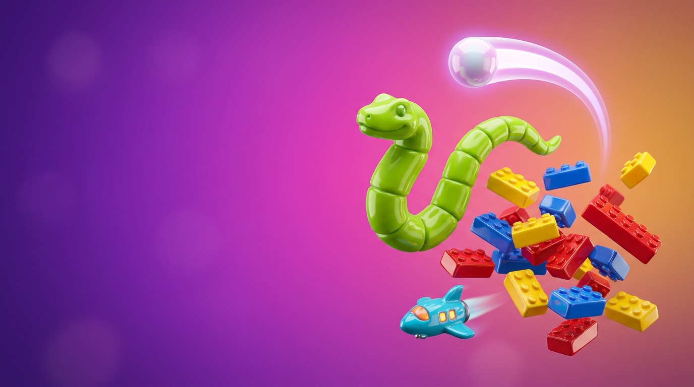 Generated illustration: glossy toy-like arcade pieces, a green snake, a white ball, bricks and a tiny ship, floating in a purple and orange glow