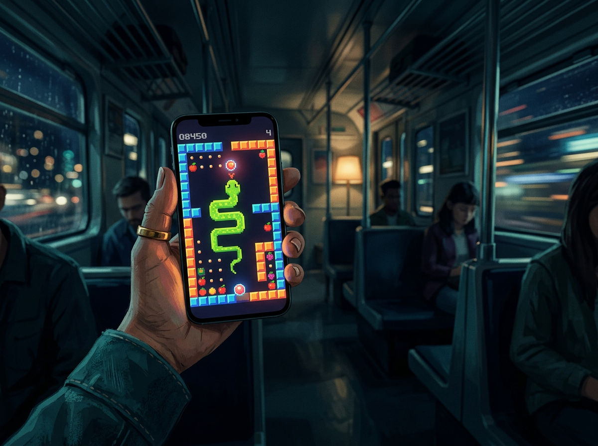 Generated sample picture: a hand holding a phone with a colorful pixel snake game on a night train