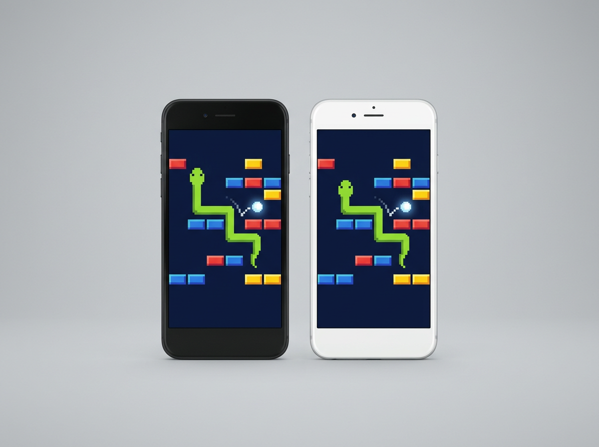 Generated sample picture: two phones, one black and one white, each showing a pixel snake and a bouncing ball