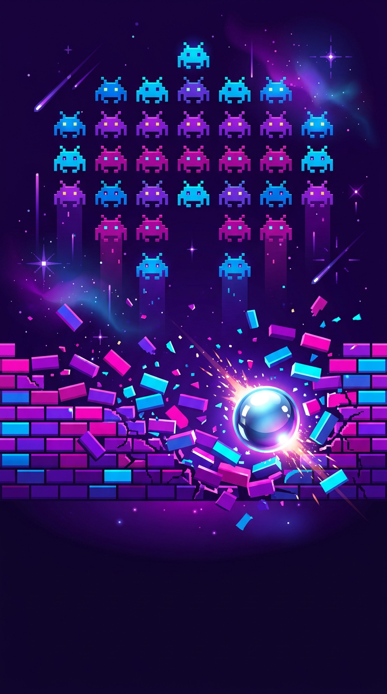 Generated sample poster: rows of pixel invaders above a brick wall cracked by a glowing ball
