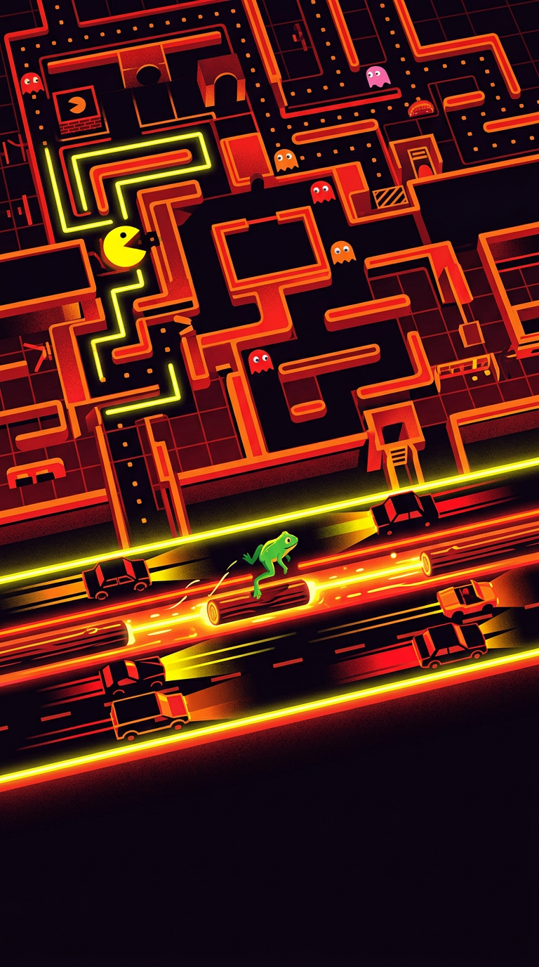 Generated sample poster: a glowing maze chase above a frog hopping across a busy road
