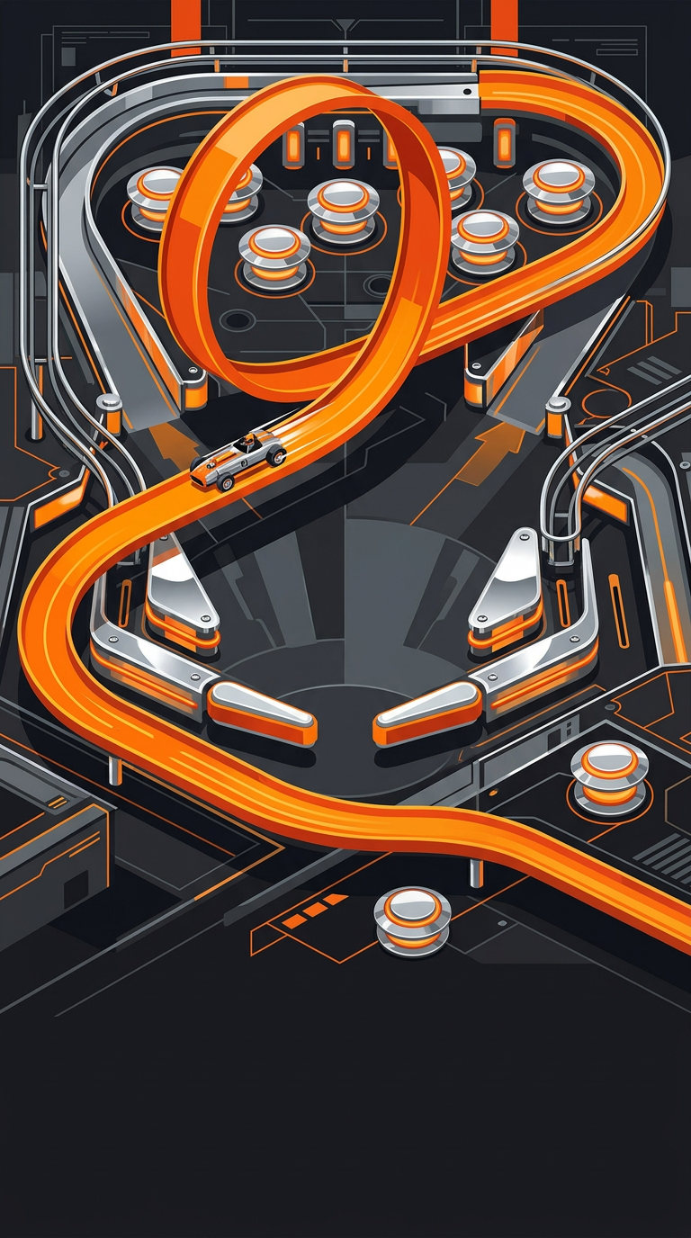Generated sample poster: a tiny race car looping around an orange track inside a pinball table