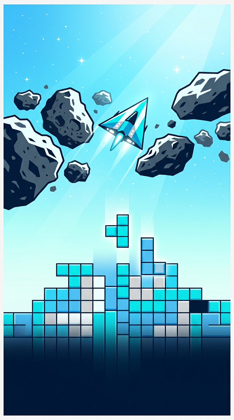 Generated sample poster: a small spaceship dodging asteroids above a stack of falling blocks