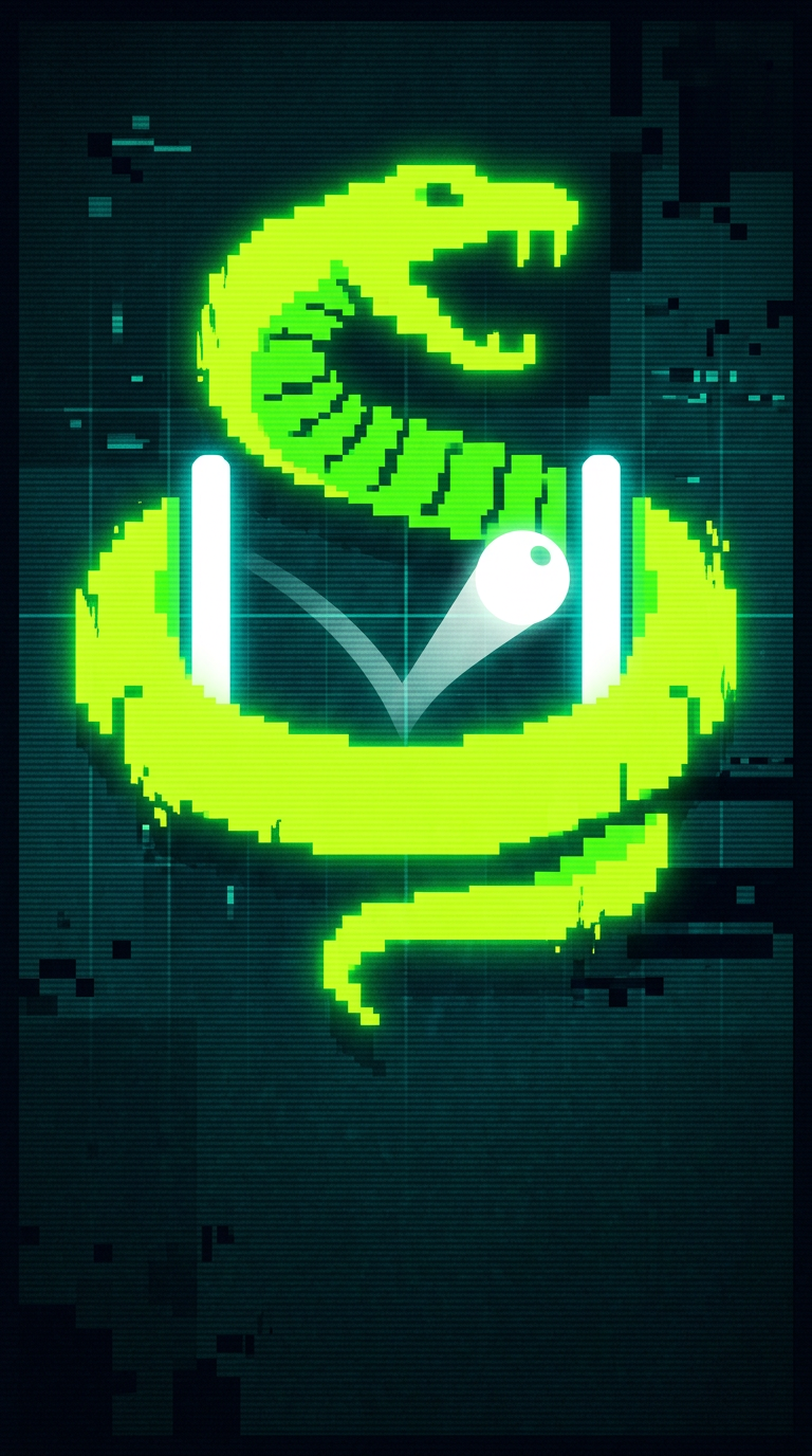 Generated sample poster: a glowing pixel snake coiled around two paddles and a bouncing ball