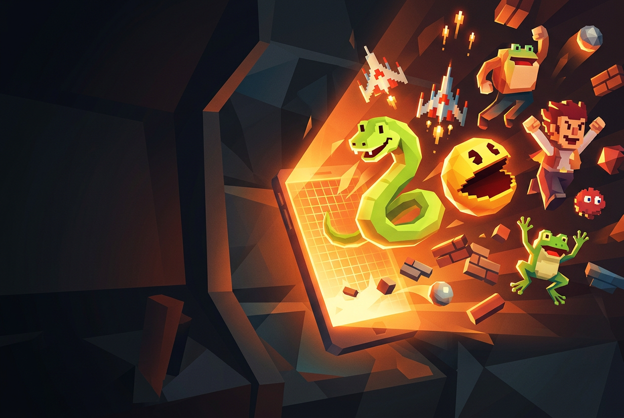 Generated illustration: a glowing phone screen releasing a snake, a round yellow muncher, a frog, a ship and falling bricks