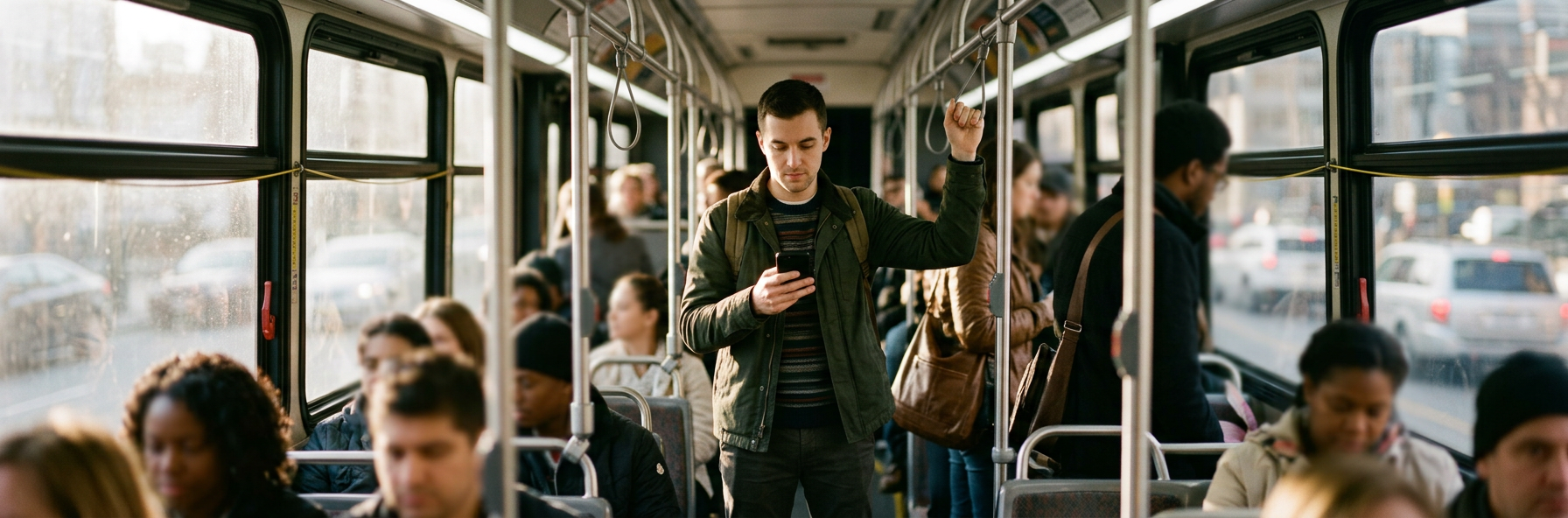 Generated image: a commuter standing in a crowded bus holding a strap and a phone