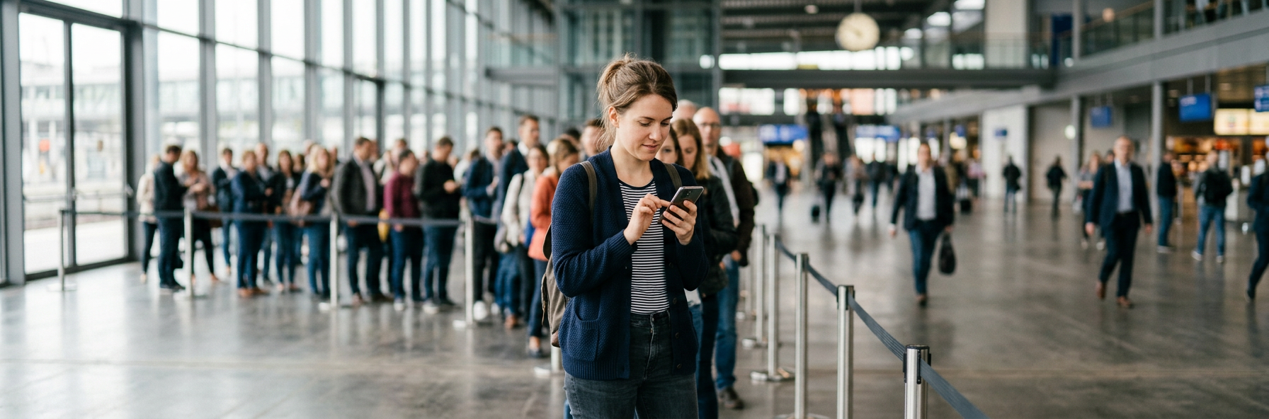 Generated image: a person tapping a phone in a long queue in a station hall