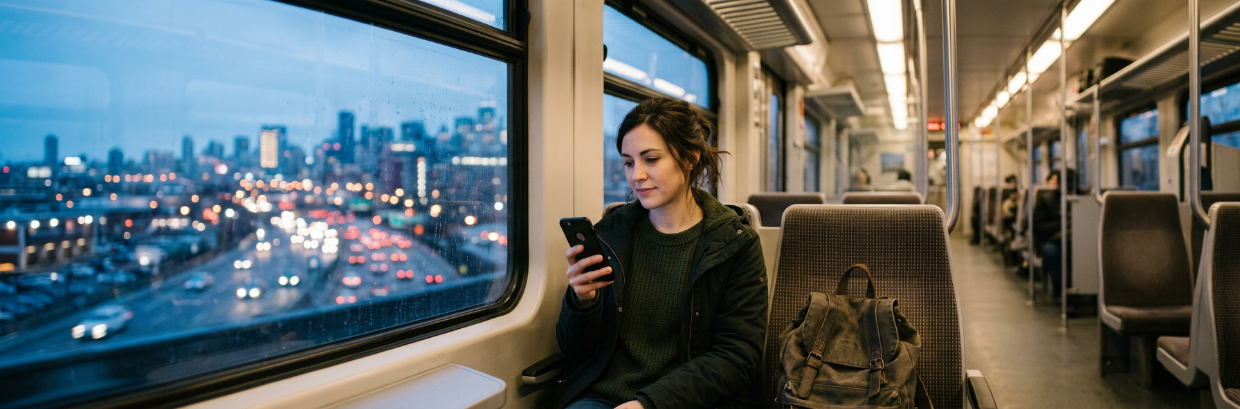 Generated image: a commuter on a train looking at a phone beside a rainy window